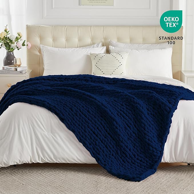 Carriediosa Chunky Knit Throw Blanket 50" X 60", 100% Hand Made Large Chenille Loop Yarn Soft Fluffy Throws for Couch Sofa Bed, Big Crochet Cozy Heavy Thick Cable Woven Blankets, Navy Blue