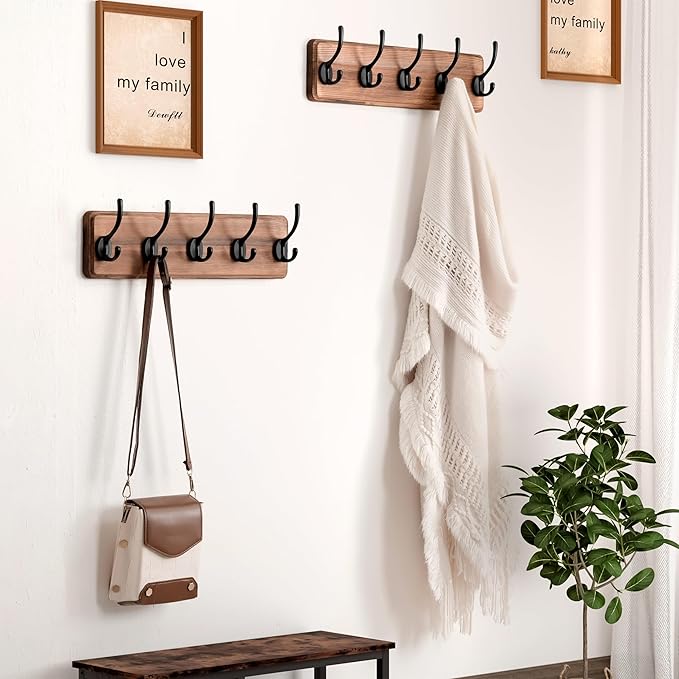 Dseap Wall Mounted Coat Rack: Patented, Heavy-Duty, 17.4" Long 5-Double-Hooks Wooden Hanger Rail for Winter Coats, Hat, Jacket, Clothing - Natural & Black