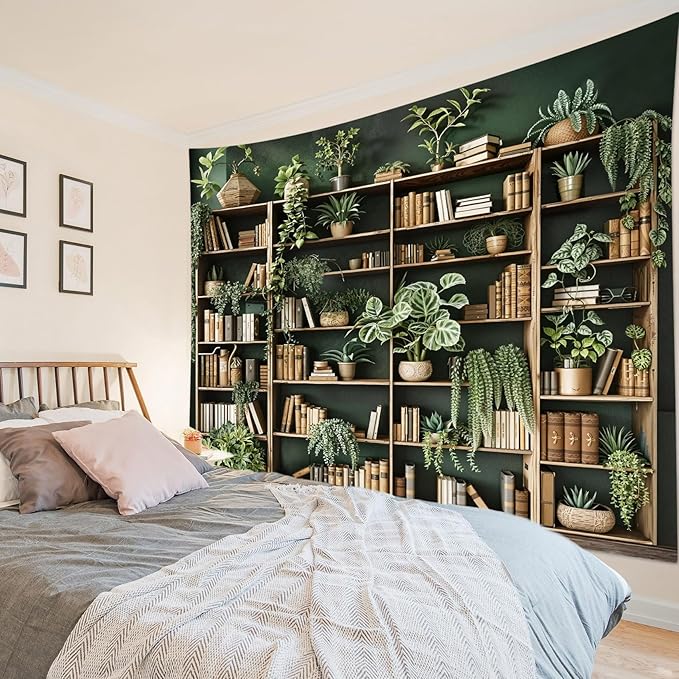 HVEST Green Plant Bookshelf Tapestry Book on Bookshelf and Plant Potted Tapestry Wall Hanging Reading Wall Art Decor for Study Room Bedroom Living Room College Dorm, 40L x 60W Inches