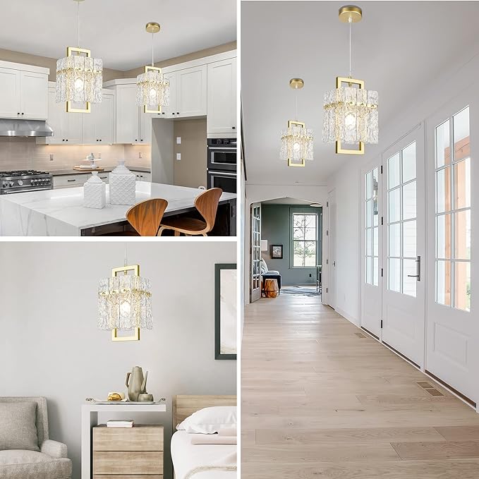 IKK Gold Crystal Pendant Light for Kitchen Island, Luxury Water Ripple Glass Chandelier Lights Fixture, Modern Elegant Adjustable Pendant Lighting for Dining Room Bedroom, E12 Bulb, L6.5'' x H11.8''