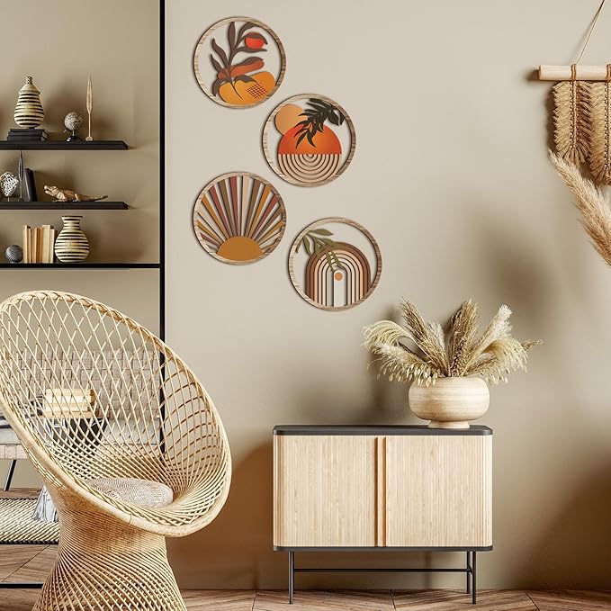Qunclay 4 Pieces Boho Wall Art Wooden Bohemian Wall Decor Hanging Art Nursery Decor Farmhouse Geometric Hanging 10 Inch Aesthetic Wood Minimalist for Apartment Bedroom(Stylish)