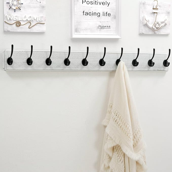 Dseap Wall Mounted Coat Rack: 38-1/4" Long, Patented, Heavy-Duty, 10-Double-Hooks Wooden Hanger Rail for Winter Coats, Hat, Jacket, Clothing - White & Black, Pack of 2