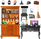 Rileryan 54 Pcs 1:12 Scale Magic Witchy House Kit Miniature Furnitures Accessories Mini Wooden Bookshelf Bookcase 30 Mini Books Desk Chair Halloween Decoration