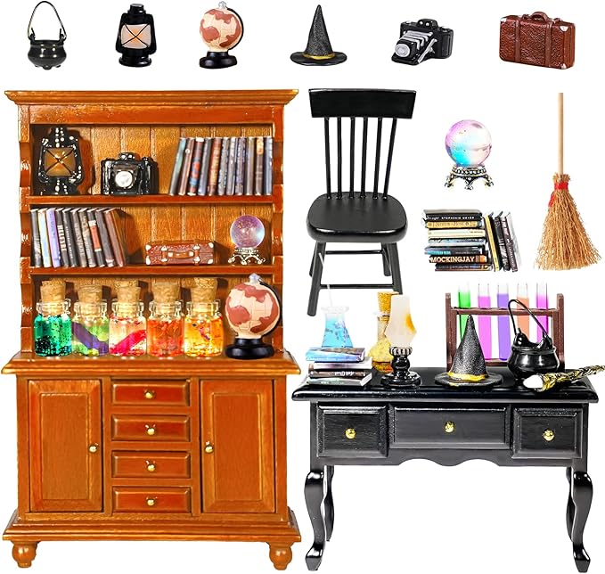 Rileryan 54 Pcs 1:12 Scale Magic Witchy House Kit Miniature Furnitures Accessories Mini Wooden Bookshelf Bookcase 30 Mini Books Desk Chair Halloween Decoration