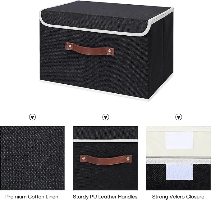ANMINY Storage Bin with Lid Storage Boxes with PU Leather Handles PP Plastic Board Decorative Foldable Lidded Cotton Linen Fabric Home Cubes Baskets Closet Organizer Container - Black, Large Size