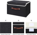 ANMINY Storage Bin with Lid Storage Boxes with PU Leather Handles PP Plastic Board Decorative Foldable Lidded Cotton Linen Fabric Home Cubes Baskets Closet Organizer Container - Black, Large Size