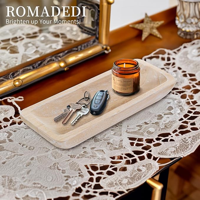 Romadedi Decorative Bowls for Home Decor - 16" Wooden Dough Bowl for Decor, Large Wood Bowl for Kitchen Table Centerpieces Long Narrow Wooden Tray for Dining Table Whitewashed