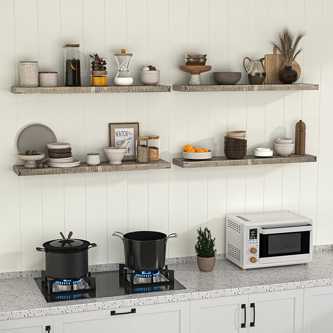 Fun Memories Floating Shelves for Wall Dec, 48"x8" Rustic Reclaimed Wood Shelves, Heavy-Duty Wall Mounted Shelves with Invisible Brackets for Living Room, Bedroom, Kitchen, Grey Finish, Set of 2