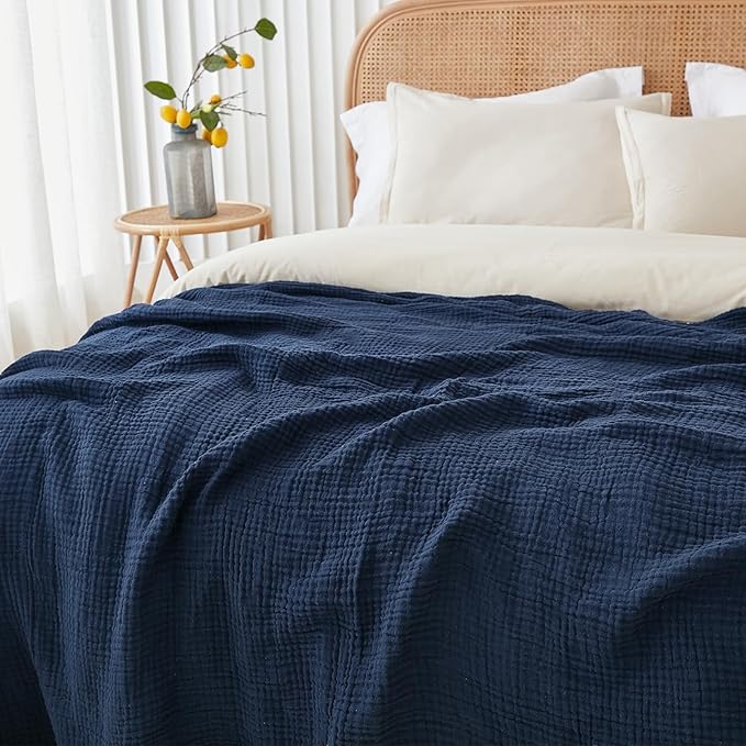 EMME Cotton Blanket Twin XL for Bed Soft Muslin Blankets 66"x90" Lightweight Breathable Layering Bedspread Coverlet All Season Gauze, Navy