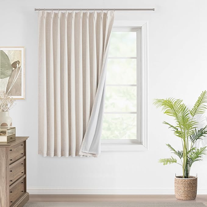 Vision Home Natural Pinch Pleated Full Blackout Curtains Linen Blended Room Darkening Window Curtains 72 inch for Living Room Bedroom Thermal Insulated Pinch Pleat Drapes with Hooks 1 Panel 60"Wx72"L
