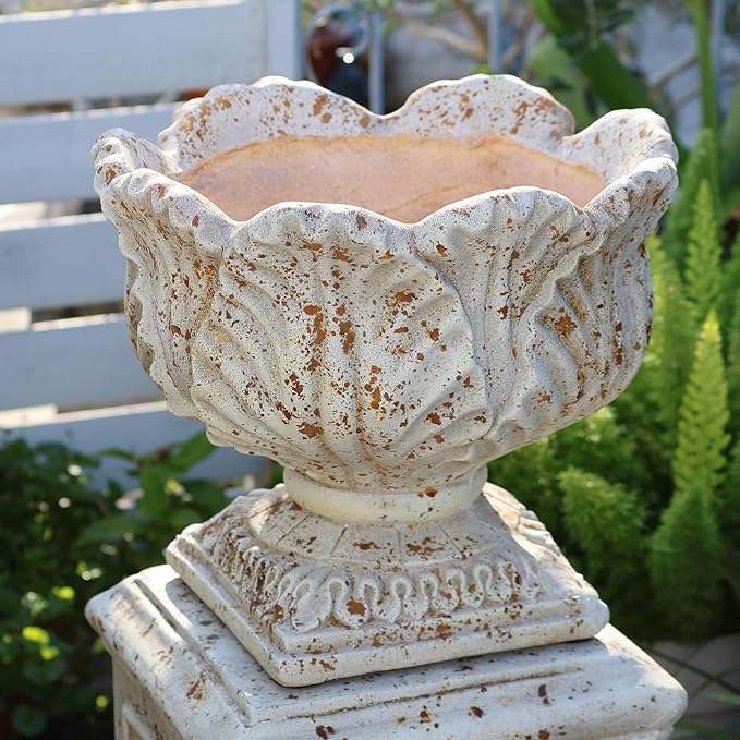 Vintage Garden Urn Planter with Pedestal, Cement and Fiber, Maked Antique, Decorative Leaf Pattern, 14.2x11.8 Inch Pot with 19.3 Inch Stand, Wrap Foam Safely Delivered from Local Warehouse (Antique)