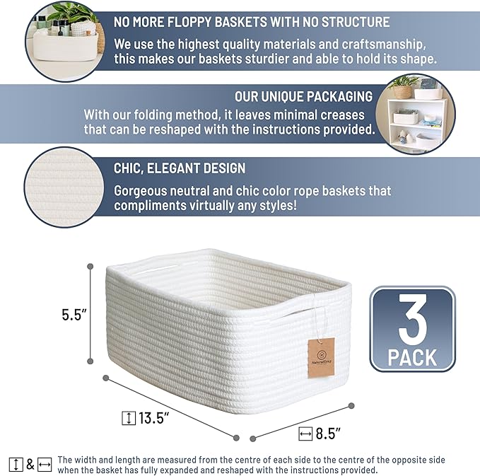 NaturalCozy 13.5”x8.5”x5.5” Storage Baskets for Shelves 3 Pack | Cotton Rope Woven Small Baskets for Organizing | Small Storage Bins for Nursery, Bathroom, Closet, Cube Shelf, Decorative, Gift