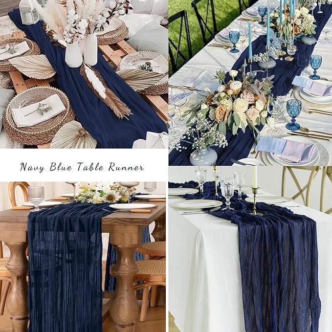 12 Pack Navy Blue Cheesecloth Table Runner 10FT Boho Fabric Rustic Cheese Cloth Table Runner for Wedding Bridal Shower Baby Shower Gauze Sheer Birthday Party Table Decorations 20 x 120 Inch Long