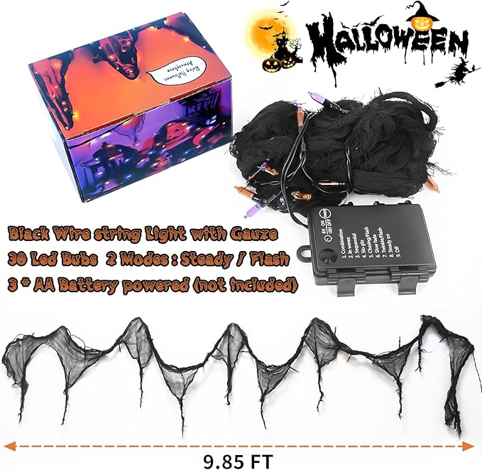 Halloween Horror Atmosphere Lights, Orange&Purple LED String Lights with 9.9FT Creepy Black Gauze, Battery Powered with Timer & 8 Flashing Modes (2 Pack Orange & Purple)