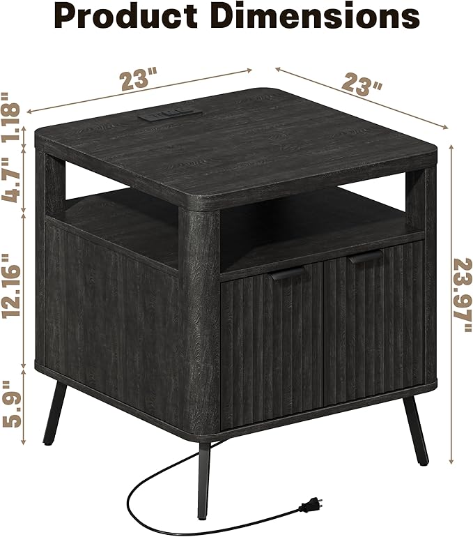 Nightstand Set of 2 with Charging Station, 24" End Table Side Table with Open Shelf, Modern Large Wood Fluted Bedside Cabinet for Bedroom, Living Room, Black