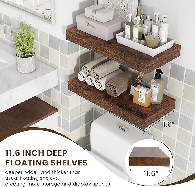 Deep Floating Shelves, 12 Inch Deep Rustic Floating Shelves Set of 2, 24 Inch Large Wall Mounted Wood Shelves for Books Laundry Room Living Room Bedroom Kitchen Home Office - Rustic Brown