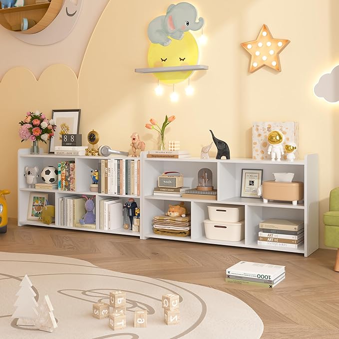 Book Shelf Set of 2, 5 Cubes Storage Organizer, Open Shelf Wooden Bookcase, Freestanding White Bookshelf Cube Shelf for Bedroom, Living Room, Home Office