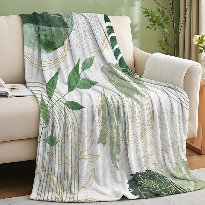 Sage Green Leaf Throw Blanket Mid-Century Green and Gold Boho Flannel Blankets for Couch Bed Living Room Sofa, Decorative Patterned Super Soft Cozy, 50x60 in