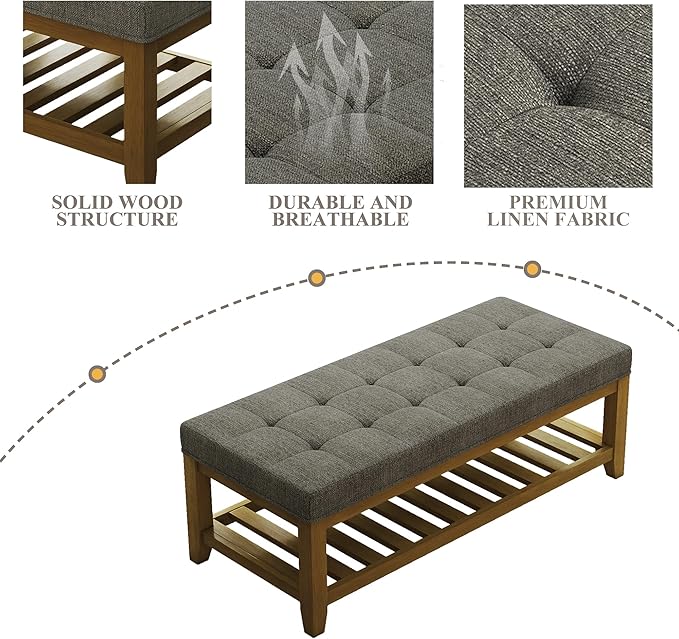 Large Rectangular Upholstered Ottoman Bench, Linen Tufted Footrest Ottoman with Solid Wood Shelf Storage Coffee Table for Bedroom Living Room, Granite