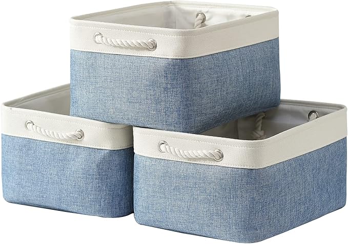 TcaFmac Storage Bins for Organization - Large 3 Pack Canvas Storage Basket for Shelves with Handles, Collapsible Baskets for Organizing for Closet Dog Laundry (White & Blue16x12x8 inch)