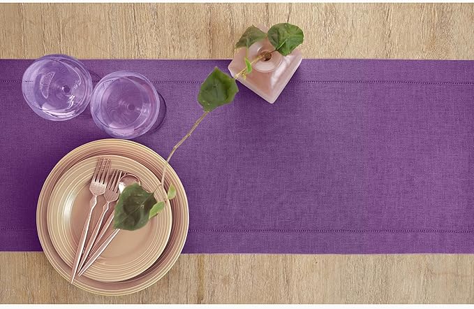 Solino Home Linen Purple Table Runner 60 Inches - Classic Hemstitch, 100% Pure Linen Coffee Table Runner 14 x 60 Inch Ideal for Dresser Tables - Fall, Autumn, Halloween, Thanksgiving