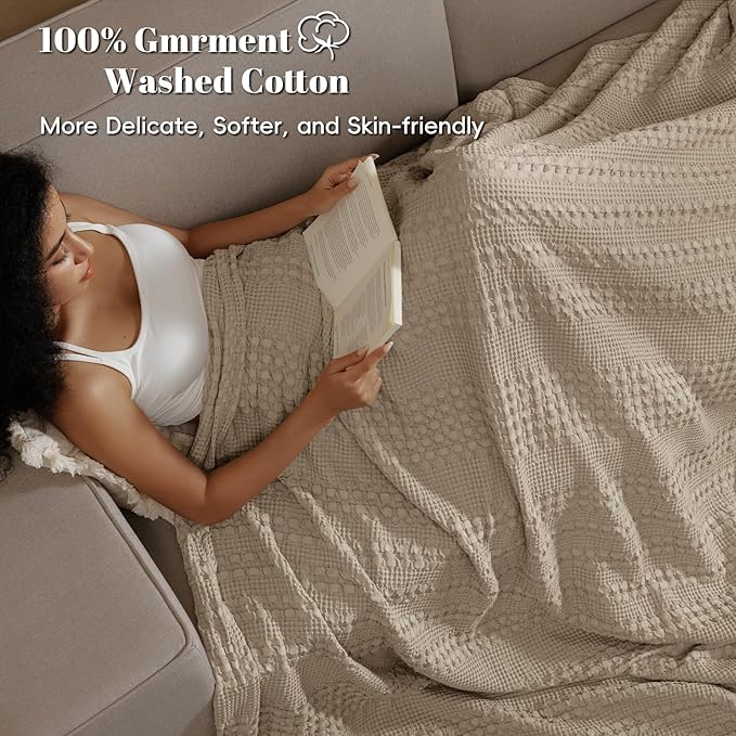 PHF 100% Cotton Waffle Weave Blanket Twin Size, Soft Lightweight Breathable Cozy Summer Blankets for Bed, Luxury Aesthetic Woven Bedding for Home Decor, 66"x90", Simply Taupe