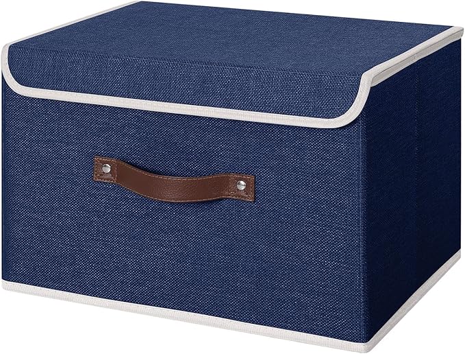 ANMINY Storage Bin with Lid Storage Boxes with PU Leather Handles PP Plastic Board Decorative Foldable Lidded Cotton Linen Fabric Home Cubes Baskets Closet Organizer Container - Blue, Large Size