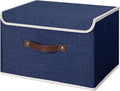 ANMINY Storage Bin with Lid Storage Boxes with PU Leather Handles PP Plastic Board Decorative Foldable Lidded Cotton Linen Fabric Home Cubes Baskets Closet Organizer Container - Blue, Large Size