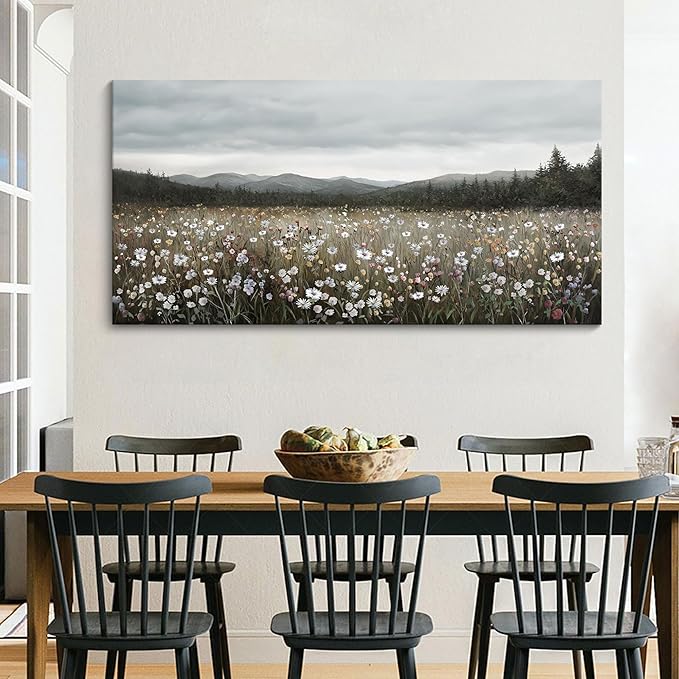 HGUAOA Vintage Landscape Wall Art for Bedroom and Living Room - Large Floral Artworks Farmhouse Wall Decor - Framed Neutral Nature Pictures - Above Bed Decor with Mountain Scenery 24×48IN