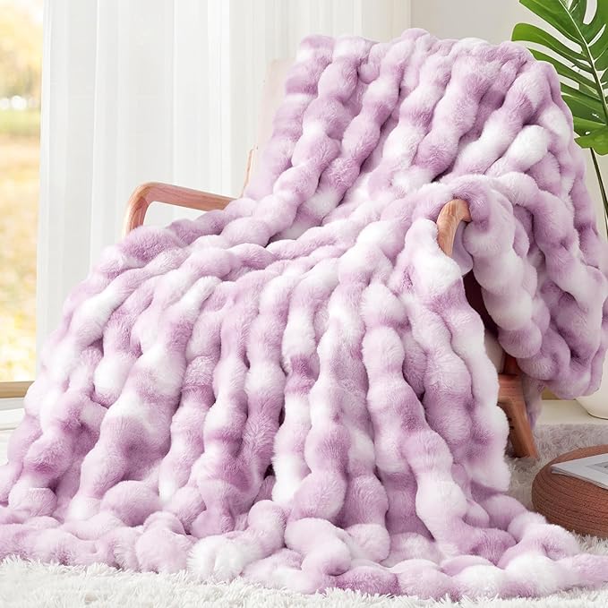 Touchat Luxury 1000GSM Faux Rabbit Fur Throw Blanket for Women, Super Heavy Warm Cozy Blankets for Couch Bed Sofa, Bubble Plush Fuzzy Soft Mink Blanket for Living Room Bedroom, Purple
