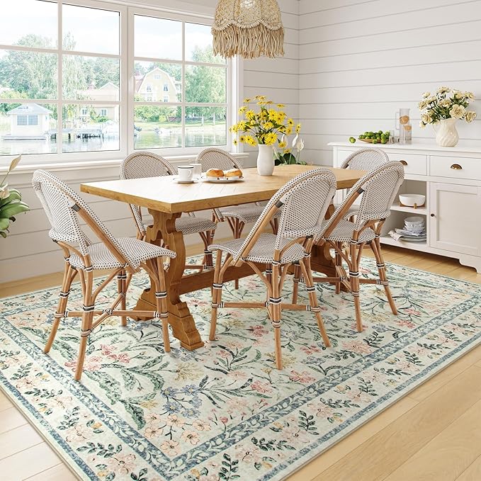 Wonnitar Washable 6x9 Area Rugs, Soft Floral Rug for Bedroom Kids Playroom Light Colored Carpet, Non Slip Ultra-Thin Indoor Beige Carpet for Living Room Classroom Office