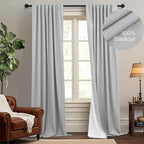 Light Grey Linen Blackout Curtains 90 Inches Long 2 Panel for Living Room Kid Heat Blocking Insulated Thermal Floor Length Drape for Bedroom Window Solid Fabric Thick Cotton Look Modern Farmhouse Gray