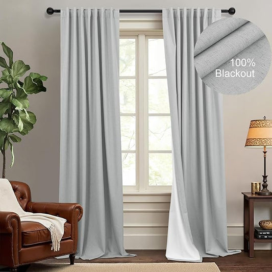 Elegant Light Grey 100% Black Out Curtains 96 Inch Length 2 Panel for Living Room Darkening White Back Tab Thermal Insulated Long Drape Complete Blackout Linen Textured Curtain for Bedroom Dove Gray