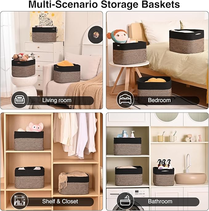 Storage Baskets for Organizing Shelves, Toy Basket for Kid's Room, Woven Cotton Rope Basket for Decor, Organizing Baskets for Bedroom Living Room, 15"x11"x9.5", 3 Packs, Black & Jute