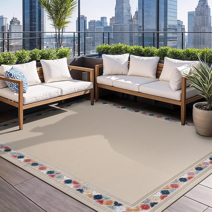 Beverly Rug Outdoor Rug 8x10 Modern Bordered Area Rugs for Indoor and Outdoor Patio Easy to Clean Non Shedding Living Room Porch Garden Washable Outside Carpet (8 x 10 Beige)