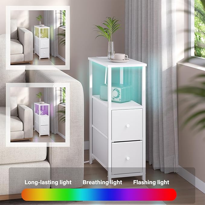 TUTOTAK Small Narrow LED End Table with Charging Station, Side Table Outlets, Nightstand with 2 Cloth Drawers, Couch Table, for Living Room, Bedroom, Bedside, White TB01BW085L
