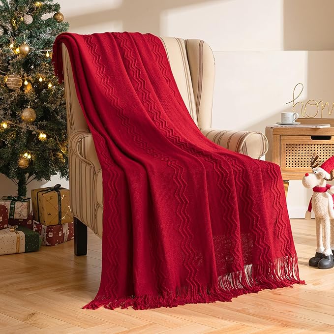 MIULEE Burgundy Red Knitted Throw Blanket for Couch Boho Textured Cozy Woven Blanket with Tassels for Sofa Chair Bed Living Room Acrylic Wave Pattern 60"x80"