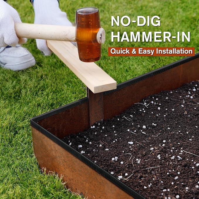 Worth Garden 6-Pack Cor-Ten Steel Landscape Edging with Black Protection Strips - Rust Patina Finish 40" L x 8" H (20Ft Total) - Hammer-in 14-Gauge Metal Corten Lawn Yard Edging Border w/ 7 Clips