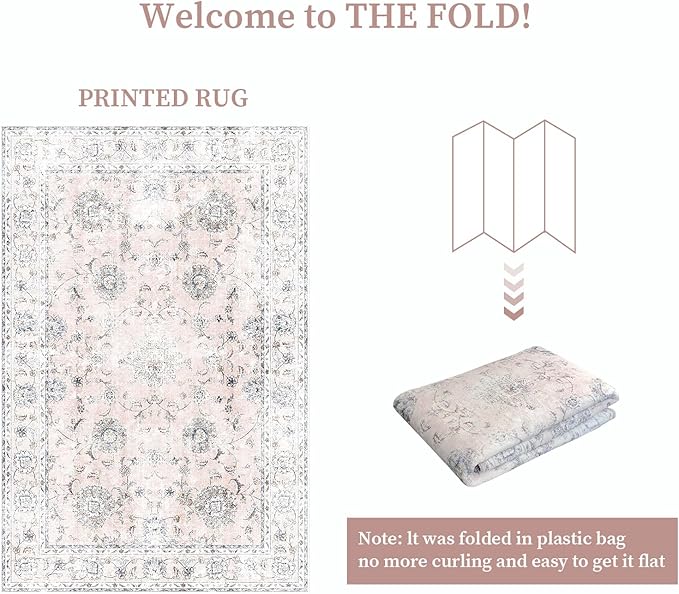 5'x7' Vintage Floral Rug - Persian Inspired Low-Pile Faux Wool Area Rug, Non-Slip Washable Rug for Bedroom, Nursery, Dorm, Soft Pink Boho Chic Decor