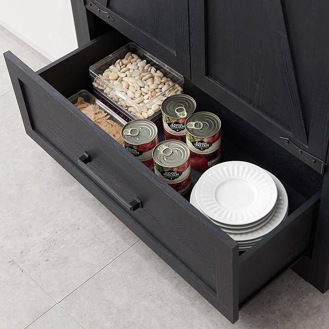 72" Tall Wood Storage Cabinet, Farmhouse Kitchen Pantry Cabinet with Adjustable Shelves & Drawer & Barn Doors, Versatile Storage for Kitchen, Dining Room, Bathroom, Black