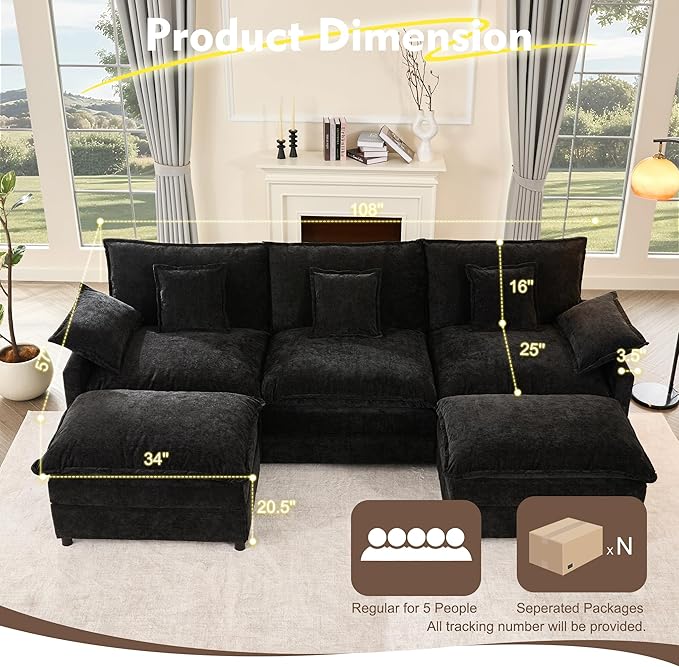 108" U Shaped Couch, Modular Sectional Sofa, 3-Seater Comfy Cloud Couch with Movable Ottoman, Deep Seat Couches for Living Room, Chenille, Black