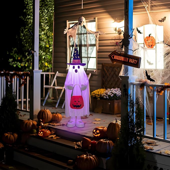 37" Cute Front Porch Light Up Halloween Ghost Décor, Kids Standing Trick or Treat Indoor and Outdoor Decorations-Star Moon