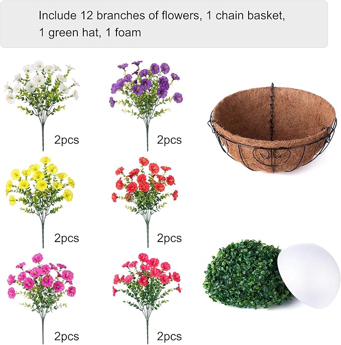 Artificial Faux Hanging Flowers Plants Basket for Outdoors, Silk Morning Glory with Eucalyptus in Planter Look Real UV Resistant Fake Flowers for Porch Outside Patio Balcony Yard Indoor Summer Decor