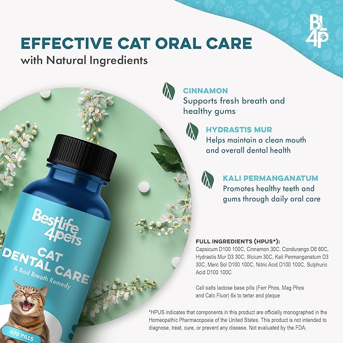 Cat Bad Breath & Oral Health Remedy, Natural Dental Care Cats Teeth, Mouth and Gums, Easy to Use Daily Supplement for Stomatitis, Gingivitis, Plaque & Tartar Control for Cats, 800 Small Pills