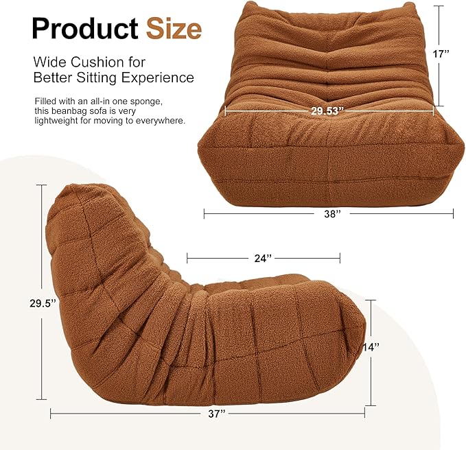 Bean Bag Chairs for Adults Giant Bean Bag Chair Memory Foam BeanBag Chair Big Bean Bag Sofa with Filler Faux Fur Fireside Beanbags Lazy Sofa for Living Room Bedroom Dorm Office (Brown Teddy)