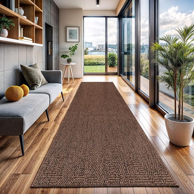 CAMILSON Indoor and Outdoor Runner Rug Brown Solid Boho Woven Design Easy-Cleaning Non Shedding Fiber Living Room Bedroom Garden Patio and Kitchen Washable Outside Carpet Alfombras (2x7)