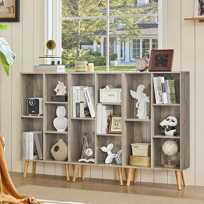 5 Cube Small Bookshelf,3 Tier Mid-Century Modern Bookcase with Legs,Wood Bookshelves Storage Organizer Shelf,Free Standing Narrow Book Shelves,Rustic Grey Corner Bookcases for Bedroom,Living Room
