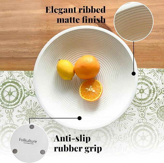 Folkulture Wooden Fruit Bowl for Kitchen Counter | 12" Large Premium Eco Friendly Banana Fruit Basket for Kitchen | White Wood Bowl with Holder, Pedestal for Table Decor, Centerpiece for Dining Table