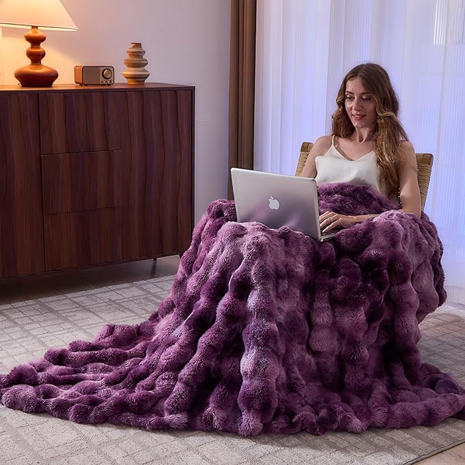 Lotus Karen Faux Fur Throw Blanket Tie-dye Violet - Big Bubble Rabbit Fluff Blanket for Couch Bed Sofa,Softest Fluffy Fuzzy Cozy Blanket,Thick Furry Plush Shaggy Warm Blankets for Women,60x80 Inches