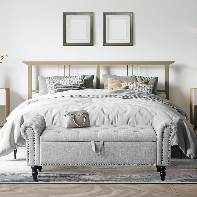 Furniliving 51” Bedroom Bench, End of Bed Bench with Button-Tufted Large Upholstered Storage Bench Ottoman Linen Window Benches with Storage Shoe Cabinet, for Bedroom, Entryway, Closet, Grey